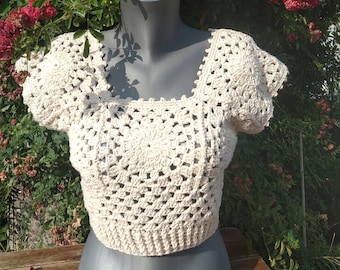 Top femme crochet, vêtement femme, haut crochet, crop top, coton brésilien, granny square, vegan, bustier , naturel, crochet, femme, été