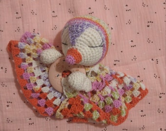 Doudou plat pingouin, doudou bébé crochet, anneau de dentition, doudou plat, granny, oie, rose, écru, amigurumi, acrylique, cadeau naissance