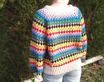 Pull granny crochet, vêtement femme, emmanchures raglan, granny crochet, taille  S/M, crochet, granny, multicolore, oekotex, acrylique