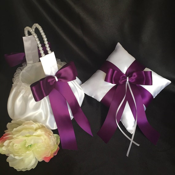 Plum Flower Girl Basket Plum Ring Bearer Pillow White Flower Etsy