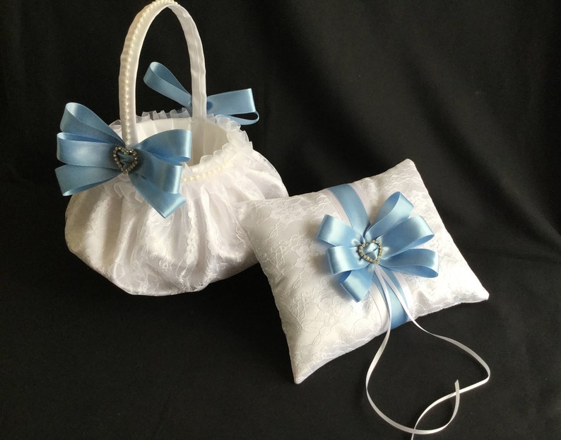 Light Blue Flower Girl Basket White Ring Bearer Pillow Light Etsy