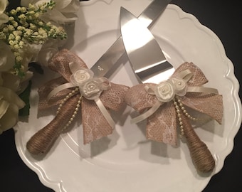 Rustic cake knife and server set, wedding cake knife cutting set, wedding cake knife an server set, ivory cake knife and server set