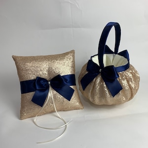 Champagne flower girl basket, champagne ring bearer pillow, navy flower girl basket, wedding flower girl basket, wedding ring bearer pillow
