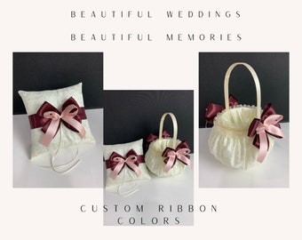 Ivory flower girl basket, wedding ring pillow, ring bearer pillow, wedding flower girl basket, custom flower girl basket