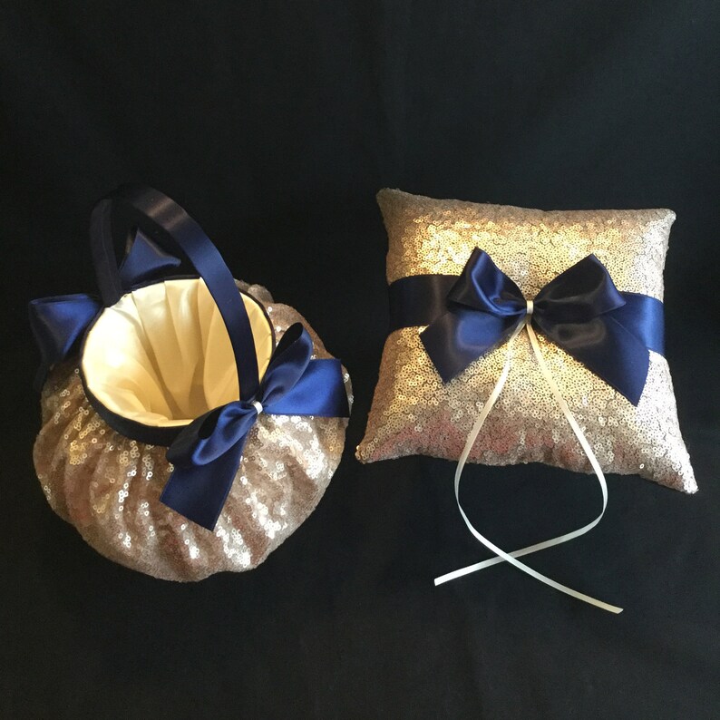 wedding flower girl basket Champagne flower girl basket wedding ring bearer pillow navy flower girl basket champagne ring bearer pillow