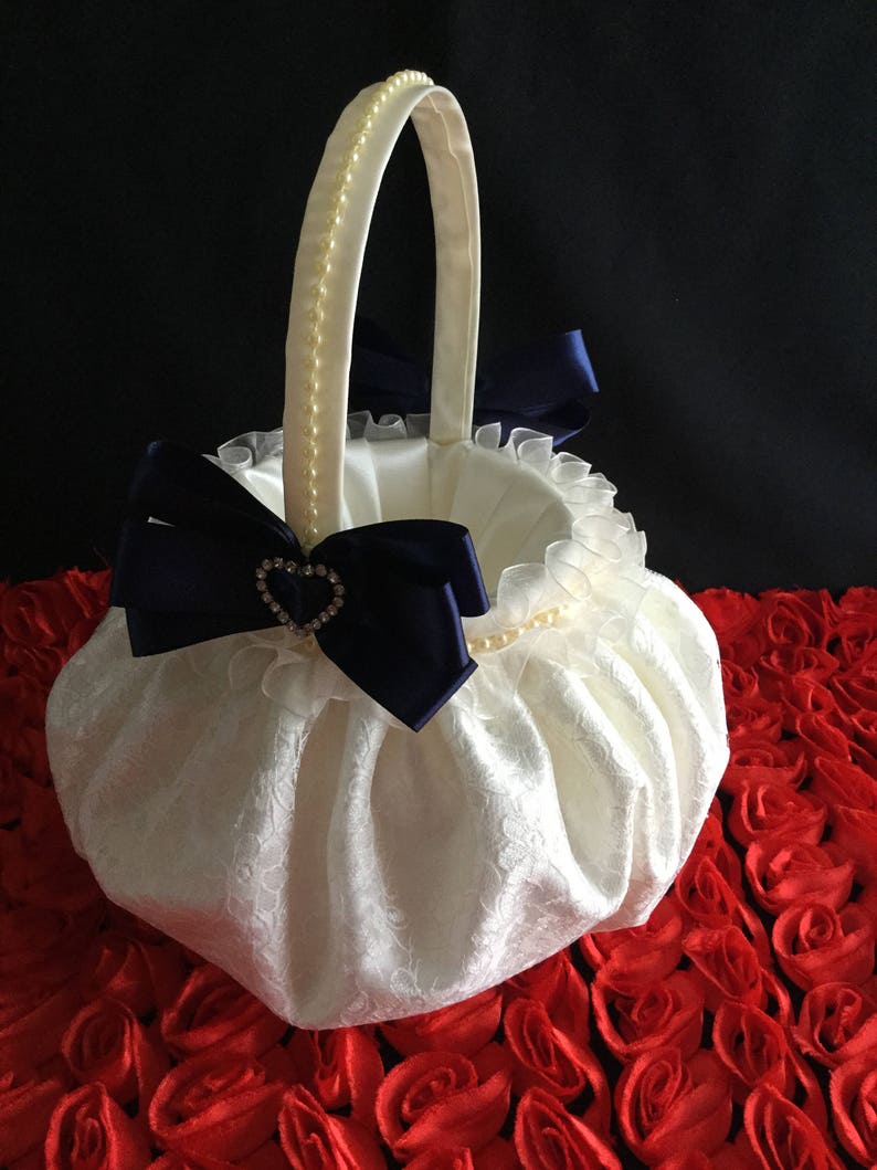 Navy Blue Flower Girl Basket Ivory Flower Girl Basket Navy Etsy