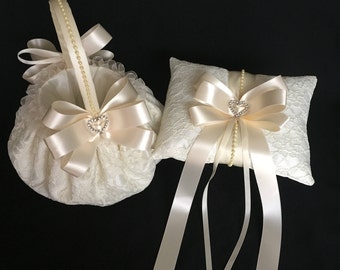 Ivory Flower girl basket, wedding flower girl basket, lace flower girl basket, Ivory ring bearer pillow, flower girl gift, ivory ring pillow