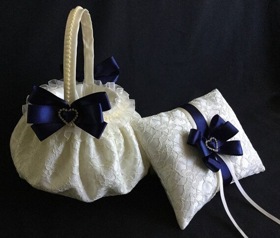 Navy Blue Flower Girl Basket Ivory Flower Girl Basket Navy Etsy