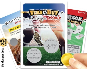 Peut inclure: Trois tickets de grattage rectangulaires sur les thèmes du football, des jeux de cartes et divers. Le ticket central affiche le texte Tirs au But, Gagnez jusqu'à 2000€, et présente deux zones à gratter circulaires argentées avec du texte.