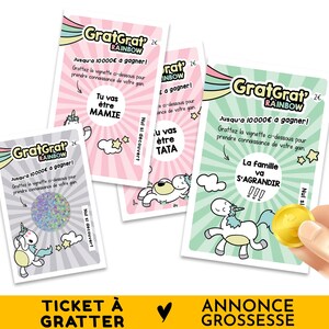 Annonce Tata, Mamie, Cousine, La famille va s'agrandir, Carte à gratter, Annonce grossesse, Ticket jeu de grattage, Licorne, Paillettes