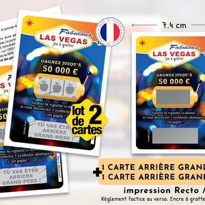 Peut inclure: Un lot de deux cartes &agrave; gratter rectangulaires sur le th&egrave;me de Las Vegas avec un graphisme de machine &agrave; sous, le texte Fabulous LAS VEGAS et un gain de 50 000 &euro;. Les cartes mesurent 7,4 cm sur 10,5 cm et portent un embl&egrave;me du drapeau fran&ccedil;ais.
