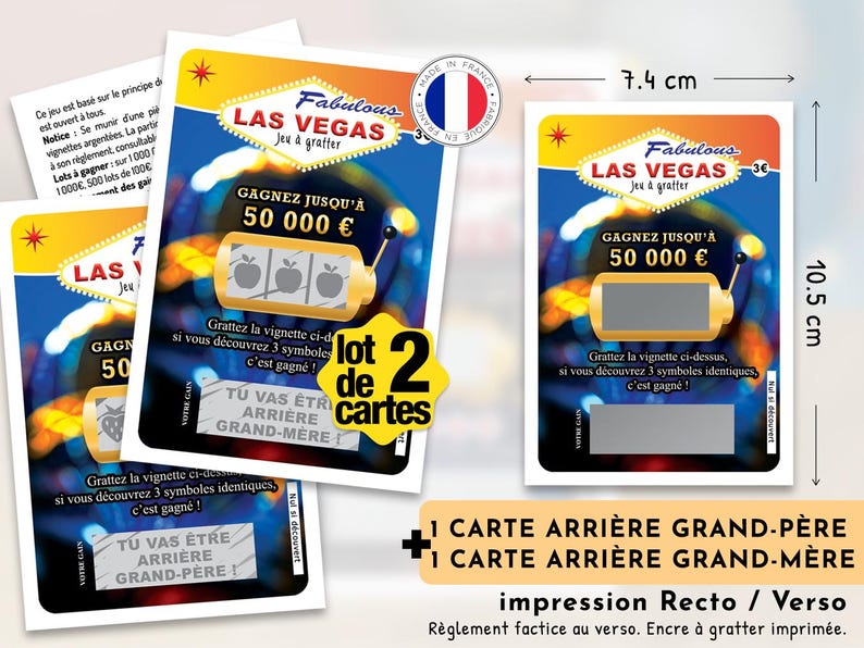Peut inclure: Un lot de deux cartes &agrave; gratter rectangulaires sur le th&egrave;me de Las Vegas avec un graphisme de machine &agrave; sous, le texte Fabulous LAS VEGAS et un gain de 50 000 &euro;. Les cartes mesurent 7,4 cm sur 10,5 cm et portent un embl&egrave;me du drapeau fran&ccedil;ais.