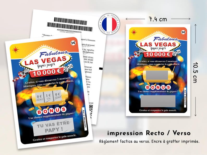 Peut inclure: Un ticket &agrave; gratter factice rectangulaire mesurant 7,4 cm sur 10,5 cm. Le recto pr&eacute;sente un th&egrave;me Las Vegas avec le texte Fabulous Las Vegas, 10 000 Euro et Tu vas &ecirc;tre papy. Il inclut un graphisme de machine &agrave; sous et des zones &agrave; gratter.