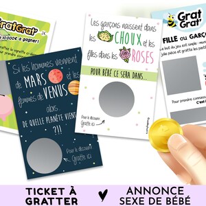 Carte pour annoncer le sexe de bébé, Fille ou garçon, Petits tickets à gratter, Annonce Gender reveal, Babyshower, Mars ou Venus, Chou Rose
