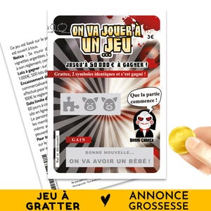 Carte annonce grossesse, Bonne nouvelle On va avoir un bébé, Jeu à gratter pour annoncer à vos proches que vous êtes enceinte, Saw