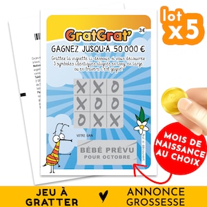 Lot 5 cartes à gratter, Annonce grossesse, Mois de naissance, Jeu de grattage style morpion, Bébé prévu pour (au choix)
