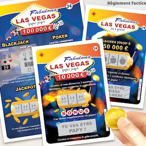 Peut inclure: Trois cartes &agrave; gratter rectangulaires sur le th&egrave;me de Las Vegas, avec des graphismes bleus, jaunes et rouges, des machines &agrave; sous, des d&eacute;s et des cartes de poker. Le texte inclut Fabulous Las Vegas, 100 000 Euro, 10 000 Euro et Tu vas &ecirc;tre papy.