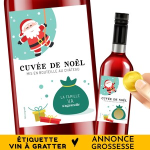 Annonce grossesse à Noël, Étiquette autocollante à gratter, Bouteille vin, La famille va s'agrandir, Annoncez que vous êtes enceinte