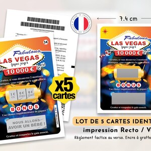 Peut inclure: Un lot de cinq cartes &agrave; gratter identiques sur le th&egrave;me de Las Vegas avec des graphismes bleus, orange et jaunes. Les cartes mesurent 7,4 cm sur 10,5 cm et comportent le texte Fabulous Las Vegas, 10 000 Euro et Bonus.