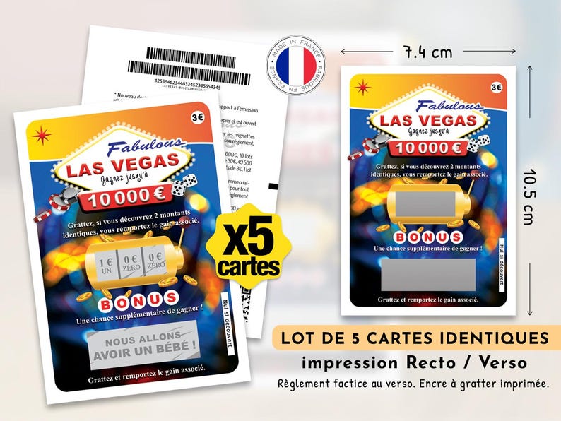 Peut inclure: Un lot de cinq cartes &agrave; gratter identiques sur le th&egrave;me de Las Vegas avec des graphismes bleus, orange et jaunes. Les cartes mesurent 7,4 cm sur 10,5 cm et comportent le texte Fabulous Las Vegas, 10 000 Euro et Bonus.