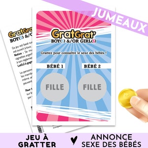 Carte annonce sexes des bébés, Jumeaux, Grossesse gémellaire; Filles, Garçons ou Garçon et Fille; Jeu à gratter original, Gender reveal