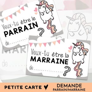 Demande parrain, Demande marraine, Petite carte cadeau, à personnaliser avec le prénom de l'enfant (À vous de le noter)