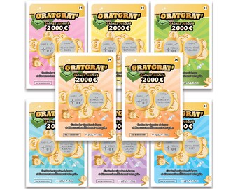 Peut inclure: Un ensemble de cartes à gratter rectangulaires portant le texte GRATGRAT et GAGNEZ JUSQU'A 2000€. Chaque carte présente des illustrations de pièces d'or, deux zones à gratter circulaires et diverses phrases comme TU VAS ETRE TATA ou MAMIE.