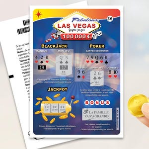 Peut inclure: Un ticket de grattage rectangulaire sur le th&egrave;me de Las Vegas avec des graphismes bleus et blancs, des ic&ocirc;nes de jeux de cartes et une illustration de machine &agrave; sous dor&eacute;e. Le ticket affiche le texte Fabulous Las Vegas, 100 000 &euro; et Bonus.