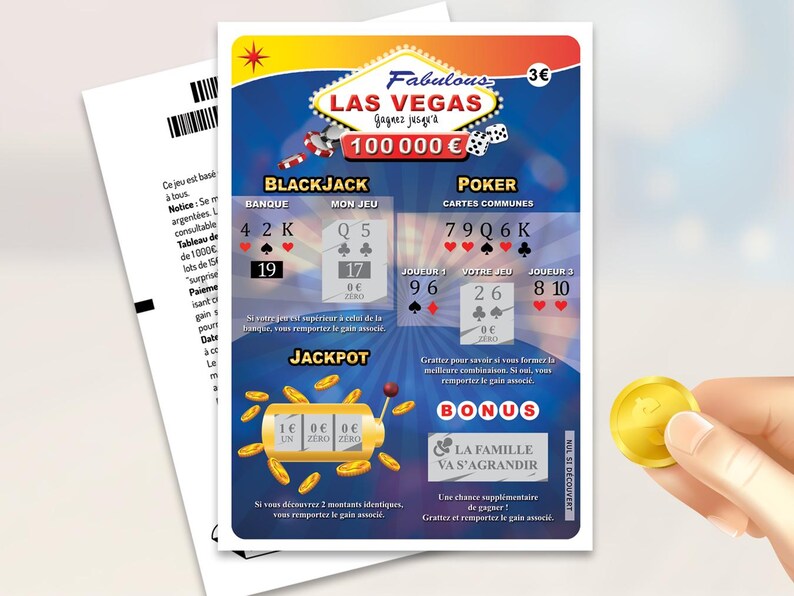 Peut inclure: Un ticket de grattage rectangulaire sur le th&egrave;me de Las Vegas avec des graphismes bleus et blancs, des ic&ocirc;nes de jeux de cartes et une illustration de machine &agrave; sous dor&eacute;e. Le ticket affiche le texte Fabulous Las Vegas, 100 000 &euro; et Bonus.