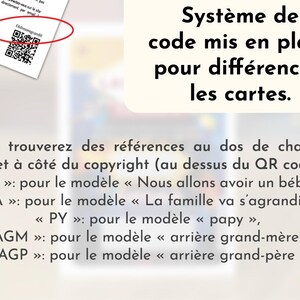 Peut inclure: Une carte explicative avec un code QR et un cercle rouge entourant un code de r&eacute;f&eacute;rence. Le texte d&eacute;taille un syst&egrave;me de codage pour diff&eacute;rencier les cartes, listant les codes BE, FA, PY, AGM et AGP avec leurs phrases correspondantes.