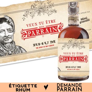Demande parrain, étiquette autocollante bouteille rhum, idée cadeau originale pour faire l'annonce au futur parrain