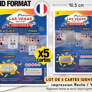 Peut inclure: Un lot de cinq cartes &agrave; gratter identiques sur le th&egrave;me de Las Vegas, mesurant 10,5 cm sur 14,8 cm. Elles pr&eacute;sentent des sections pour le Blackjack, le Poker et le Jackpot avec des graphismes bleus et rouges, des pi&egrave;ces d'or et des d&eacute;s. Le texte inclut Fabulous Las Vegas, 100 000 Euro et x5 cartes.