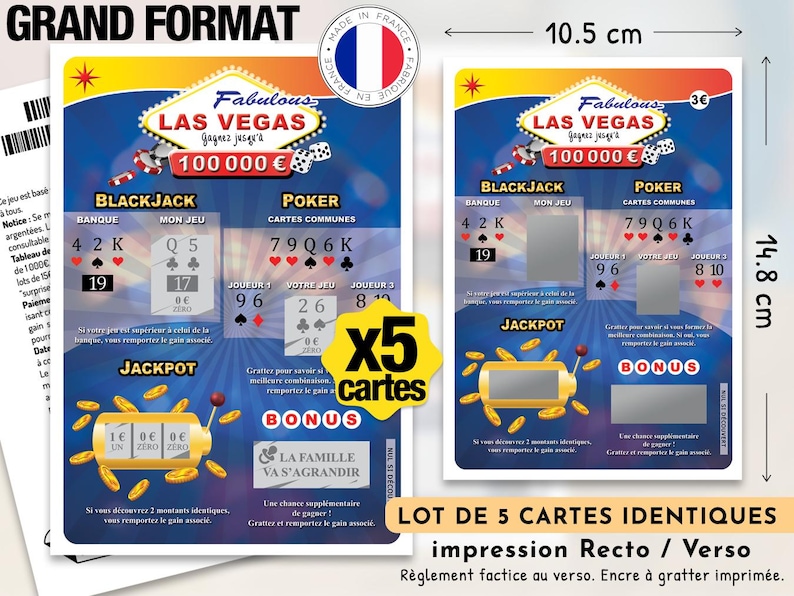 Peut inclure: Un lot de cinq cartes &agrave; gratter identiques sur le th&egrave;me de Las Vegas, mesurant 10,5 cm sur 14,8 cm. Elles pr&eacute;sentent des sections pour le Blackjack, le Poker et le Jackpot avec des graphismes bleus et rouges, des pi&egrave;ces d'or et des d&eacute;s. Le texte inclut Fabulous Las Vegas, 100 000 Euro et x5 cartes.