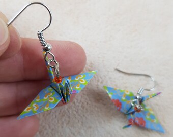 Origami earrings, crane in blue