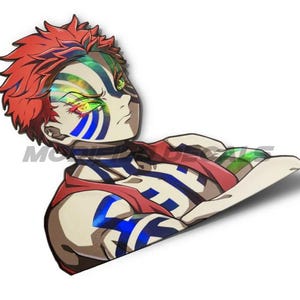 Puede incluir: Una pegatina con un personaje de anime estilizado con cabello rojo y una parte superior roja. El personaje tiene marcas azules y arcoíris en la cara y el cuerpo. La pegatina está sobre un fondo blanco.