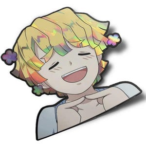 Pode incluir: Um adesivo com um personagem de anime com cabelo amarelo e um sorriso brilhante. O personagem está fazendo um coração com as mãos. O adesivo tem um acabamento holográfico.