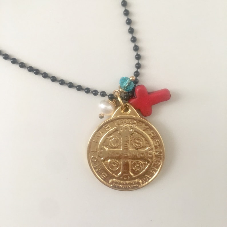 Black ball chain necklace with Saint Benedict pendant Catholic chain necklace. Saint Benedict chain Necklace Saint Benedict Necklace