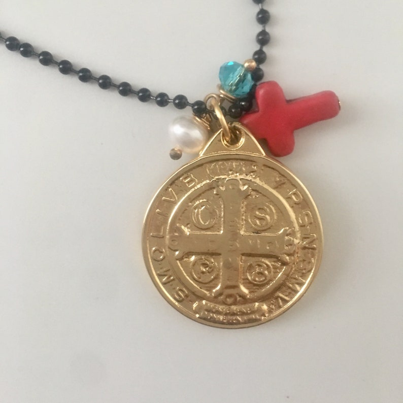 Black ball chain necklace with Saint Benedict pendant Catholic chain necklace. Saint Benedict chain Necklace Saint Benedict Necklace