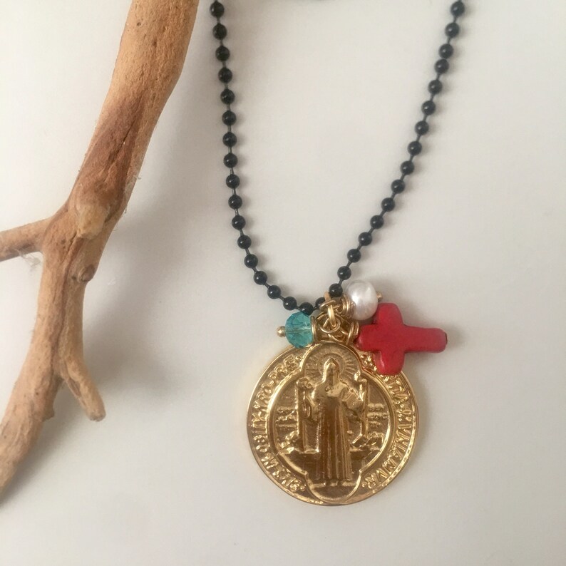 Black ball chain necklace with Saint Benedict pendant Catholic chain necklace. Saint Benedict chain Necklace Saint Benedict Necklace