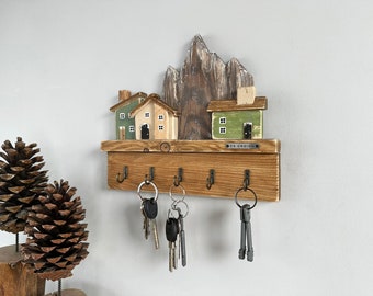 Porte-clés en bois, Organisateur familial, Porte-clés en bois mural, Crochet à clés, Petites maisons en bois, Cadeau de pendaison de crémaillère, Crochets à clés récupérés
