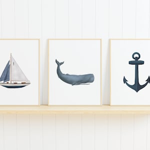 Coastal Art Print Bundle, Nursery Prints, Anchor Lighthouse Whale Sailboat