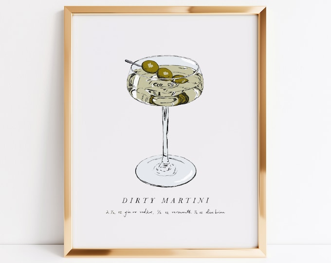 Dirty Martini Cocktail Art Print, Dirty Martini, Bar art, Cocktail art print, Kitchen Decor, Bar Poster, Bar Print, Extra Dirty Martini