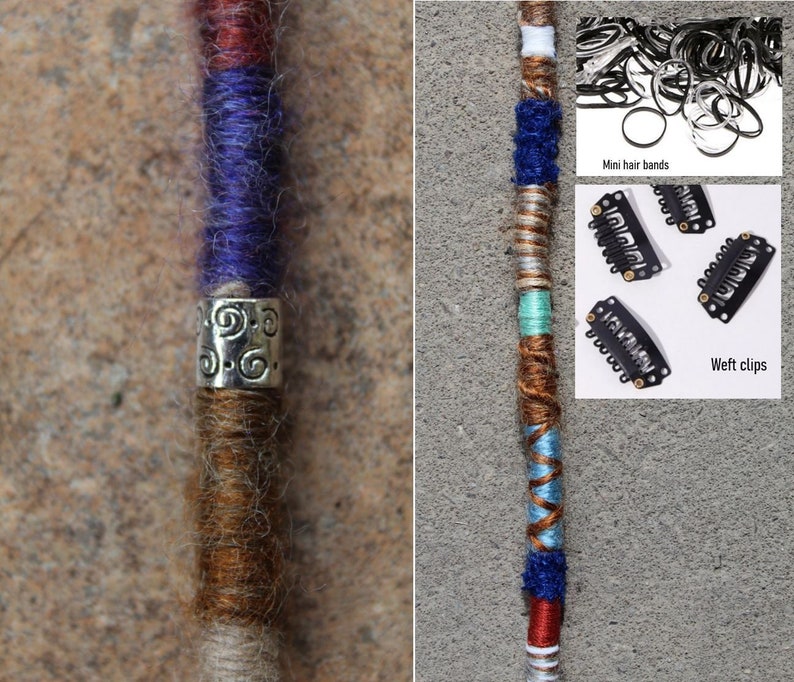 May include: A close-up of a colourful synthetic hair extension with a silver bead. The extension is made of multiple strands of yarn in different colours, including brown, white, blue, and red. The bead is silver and has a decorative design. The image also shows a variety of hair accessories, including mini hair bands and weft clips.