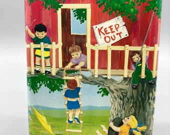 Metal Tin Vintage. Keep Out Tree Fort, Children Playing, Reading, Climbing.  Dog, Cat, Bikes. Colorful Lidded storage tin.