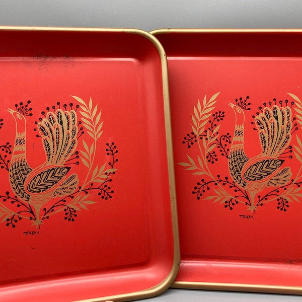 Pair of Maxey trays. Vintage large, square, red, bird Maxey trays. Metal, red, gold color edging. 1950-1960s.