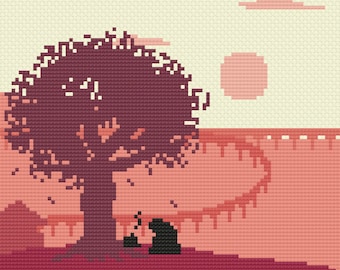 Può includere: Uno schema di punto croce che rappresenta un tramonto rosa con un grande albero in primo piano e un piccolo animale seduto sotto l'albero.