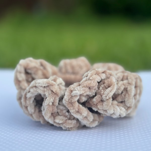 Light Brown Velvet Crochet Scrunchie | Plush Handmade Velvety Accessory | For All Hair Types | Homemade Gift Ideas For Her | 80s aesthetic