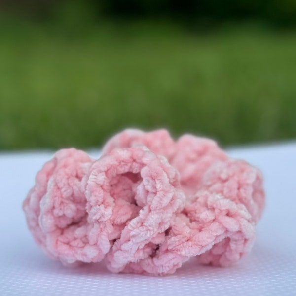 Pink Velvet Crochet Scrunchie Soft Glow | Plush Handmade Velvety Acessory | All Hair Types | Homemade Gift Ideas For Her | 80s Inspired