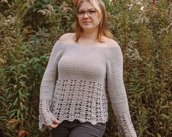 Dahlia Peplum Sweater Crochet Pattern (PDF Download), Off-the-shoulder Lace Top