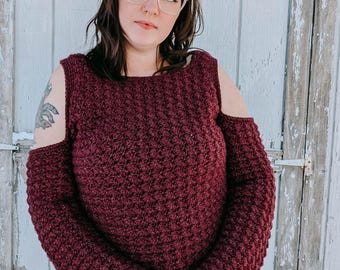 Ember Cold Shoulder Sweater PDF Pattern | Textured Crochet Knit, Size Inclusive XS-5X (Digital Download)